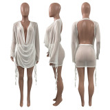 EVE Sexy Mesh Backless Long Sleeve Mini Skirt 2 Piece Sets NIK-277