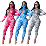 EVE Tie Dye Print Long Sleeve Zipper Two Piece Sets (With Mask) GCNF-0060