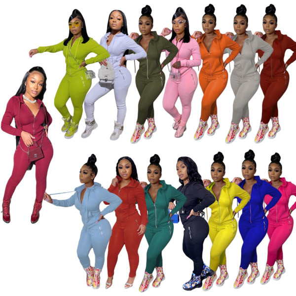 EVE Solid Hooded Zipper Two Piece Pants Set GCNF-0049