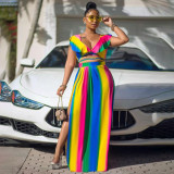 EVE Plus Size Printed Ruffled Crop Top Split Maxi Skirt 2 Piece Sets WPF-P80438