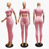 EVE Solid Short Sleeve Stacked Pants 2 Piece Sets GCNF-0048