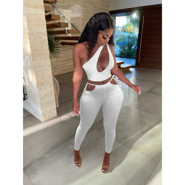 EVE Solid One Shoulder Hollow 2 Piece Pants Set FOSF-8119