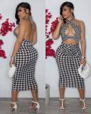 EVE Houndstooth Print Halter Hollow Out Midi Dress MDF-5289
