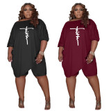 EVE Plus Size Letter Print Two Piece Shorts Set YSYF-7561