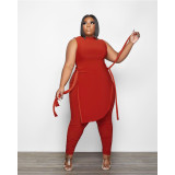 EVE Plus Size Solid Color Tie Up Tank Top And Pants Two Piece Sets GDYF-6935