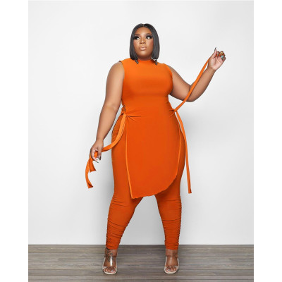 EVE Plus Size Solid Color Tie Up Tank Top And Pants Two Piece Sets GDYF-6935