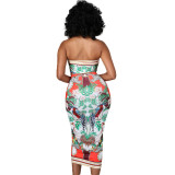 EVE Sexy Print Smocked Lace-up Tube Top Skirt Suits GDYF-6670