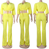 EVE Yellow V Neck Crop Top And Pants 2 Piece Sets NY-2336