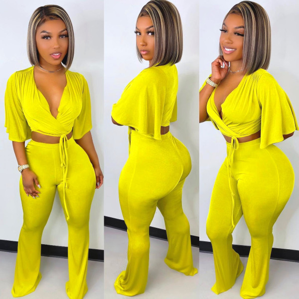 EVE Yellow V Neck Crop Top And Pants 2 Piece Sets NY-2336