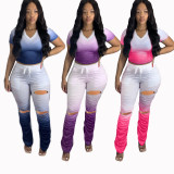EVE Gradient Color Short Sleeve Ruched Hole Pants Two Piece Sets GDYF-6604