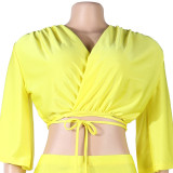 EVE Yellow V Neck Crop Top And Pants 2 Piece Sets NY-2336