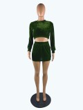 EVE Velvet Long Sleeve Crop Top Mini Skirt Two Piece Sets QCYF-7063