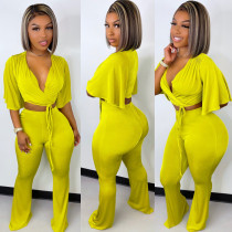 EVE Yellow V Neck Crop Top And Pants 2 Piece Sets ANDF-1320