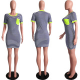 EVE Plus Size Striped Short Sleeve Pocket Mini Dress SH-390276