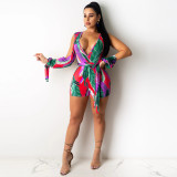 EVE Sexy Printed V Neck Sashes Romper GCNF-0007