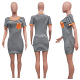 EVE Plus Size Striped Short Sleeve Pocket Mini Dress SH-390276