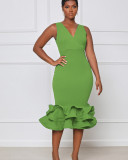 EVE Solid Sleeveless V Neck Petal Hem Midi Evening Dress RUF-2219