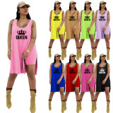 EVE Queen Letter Print Split Tank Top And Shorts 2 Piece Sets TE-2035