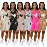 EVE Pink Letter Print T Shirt Shorts Two Piece Sets TK-6067