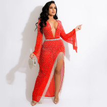 EVE Fashion Sexy Nightclub Hot Diamond Deep V Slit Tassel Long Dress(With Panties) BY-5597
