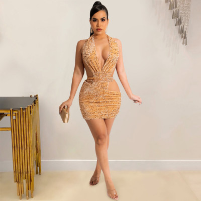 EVE Fashion Solid Color Halter Sequin Club Dress BY-5609