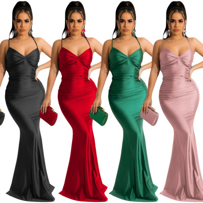 EVE Solid Color Sexy Elegant Backless Tie Up Evening Dress BY-5617