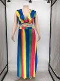 EVE Plus Size Printed Ruffled Crop Top Split Maxi Skirt 2 Piece Sets WPF-P80438