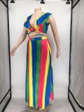EVE Plus Size Printed Ruffled Crop Top Split Maxi Skirt 2 Piece Sets WPF-P80438