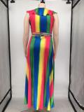 EVE Plus Size Printed Ruffled Crop Top Split Maxi Skirt 2 Piece Sets WPF-P80438