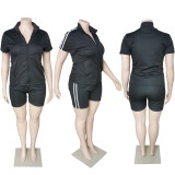 EVE Plus Size Zipper Short Sleeve 2 Piece Shorts Set MUKF-070