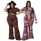 EVE Plus Size Printed Short Sleeve Flared Pants 2 Piece Sets ASL-7072