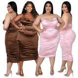 EVE Plus Size Sexy Halter Ruched Club Midi Dress ASL-7073