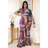 EVE Plus Size Printed Short Sleeve Flared Pants 2 Piece Sets ASL-7072