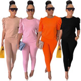 EVE Solid Puff Sleeve Two Piece Pants Set YIM-249