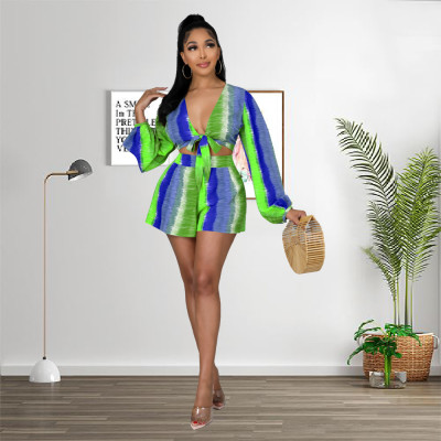 EVE Sexy PrintedTie-Up Long Sleeve 2 Piece Shorts Set LINW-9335