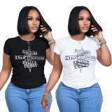 EVE Plus Size Letter Print O Neck Short Sleeve T Shirt BMF-059X