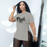 EVE Plus Size Pink Letter Print O Neck Split T Shirt BDF-601803
