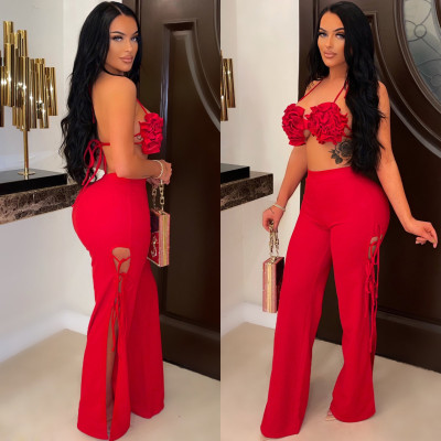 EVE Sexy Bra Top+Lace-Up Flare Pants 2 Piece Sets ML-7468