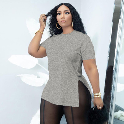 EVE Plus Size Solid O Neck Split T Shirt BDF-6018