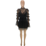 EVE Sexy Mesh Ruffled Long Sleeve Dress+Vest Dress 2 Piece Sets MEI-9233
