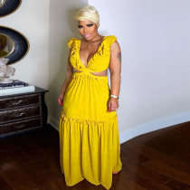EVE Plus Size Ruffled V Neck Backless Maxi Dress NY-2343