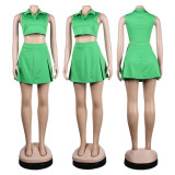 EVE Green Sleeveless Pleated Mini Skirt 2 Piece Sets NY-10190