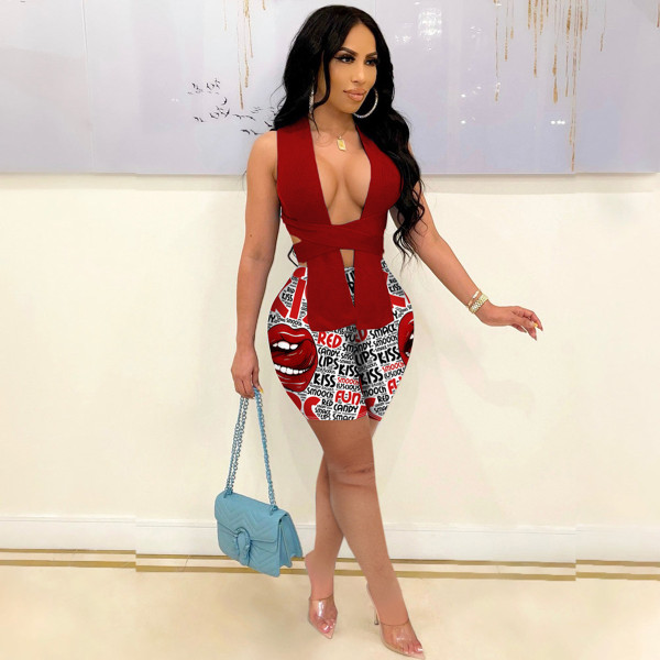 EVE Sexy Lip Print Two Piece Shorts Set JZHF-8103