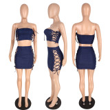 EVE Denim Lace-Up Hollow Tube Top+Mini Skirt 2 Piece Sets YIS-B752