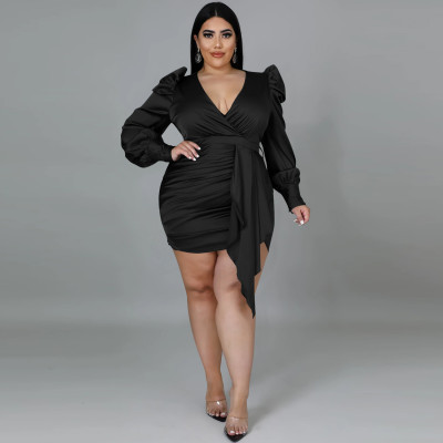 EVE Plus Size V Necl Long Sleeve Bodycon Dress BY-5632