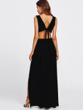 EVE Black Sexy V Neck High Split Backless Maxi Dress NY-8986