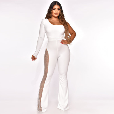 EVE Sexy Mesh Patchwork Hot Drilling One Shoulder Jumpsuit MA-Y479