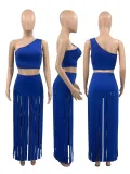EVE Solid One Shoulder Tassel Skirt 2 Piece Sets OYF-8292
