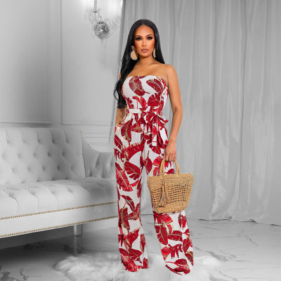 EVE Sexy Strapless Wide Leg Sashes Jumpsuit NIK-288