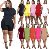 EVE Plus Size Solid Lace-Up T Shirt And Shorts 2 Piece Sets TK-6226